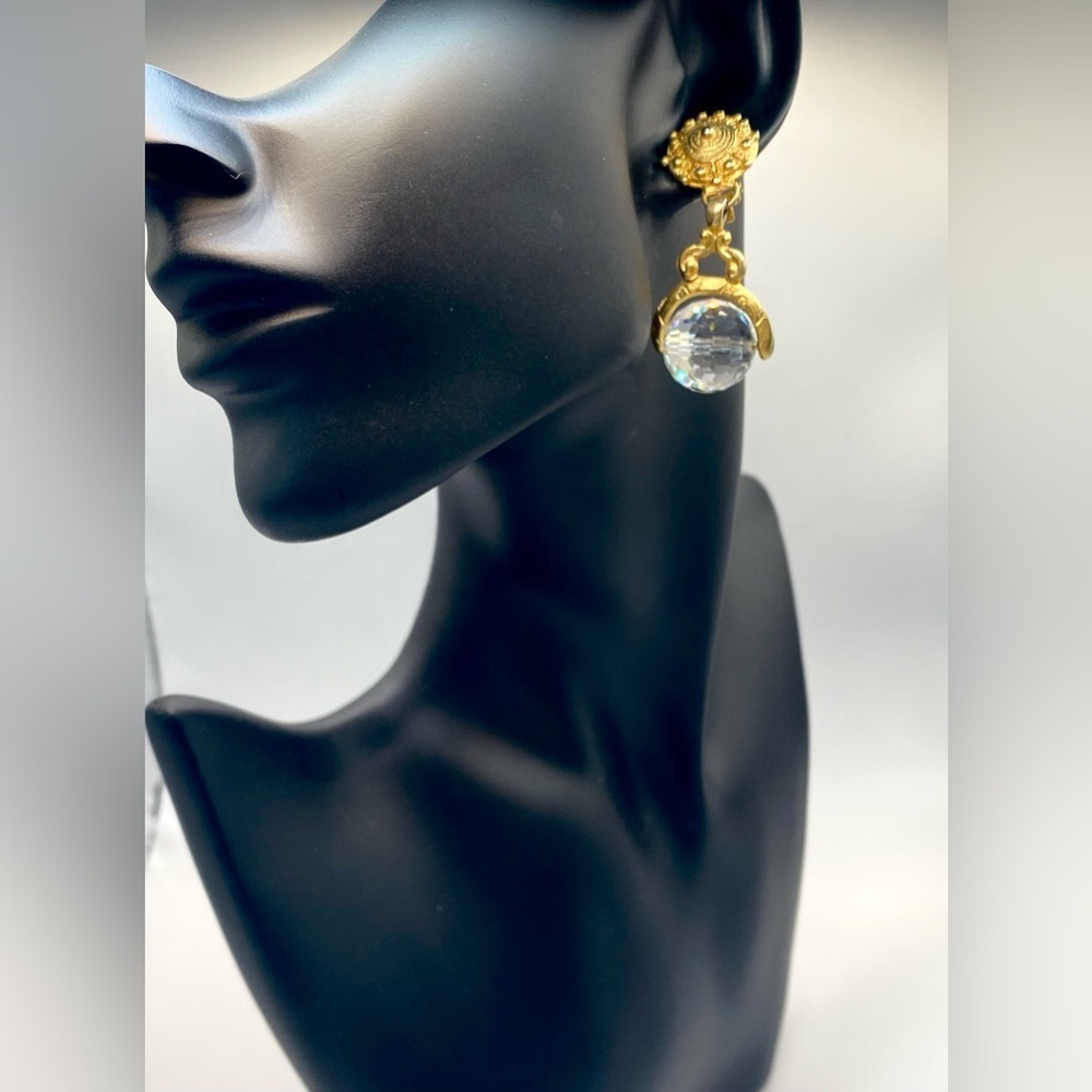 Vintage Donna Karan DKNY Drop Faceted Crystal Ball Art Deco Clip On Earrings - Picture 2 of 8